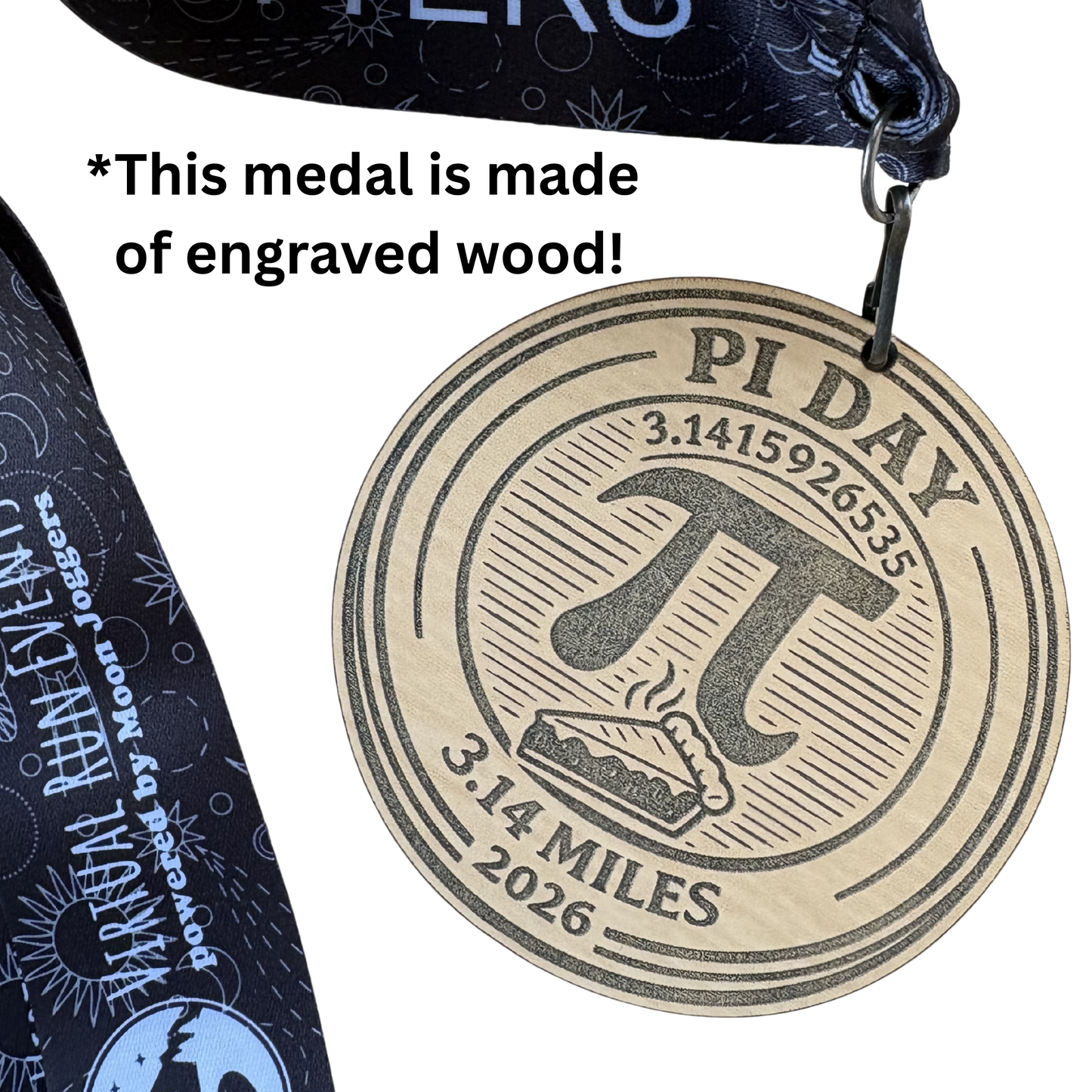 Wooden Pi Day 5K Virtual Race medal from virtualrunevent, featuring a 3.14-mile run and Pi-themed design.
