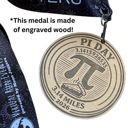 Wooden Pi Day 5K Virtual Race medal from virtualrunevent, featuring a 3.14-mile run and Pi-themed design.