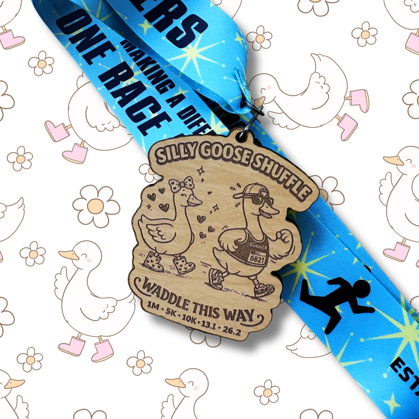 Silver medal for the Silly Goose Shuffle Virtual Race by virtualrunevent, featuring a playful goose design and race details.