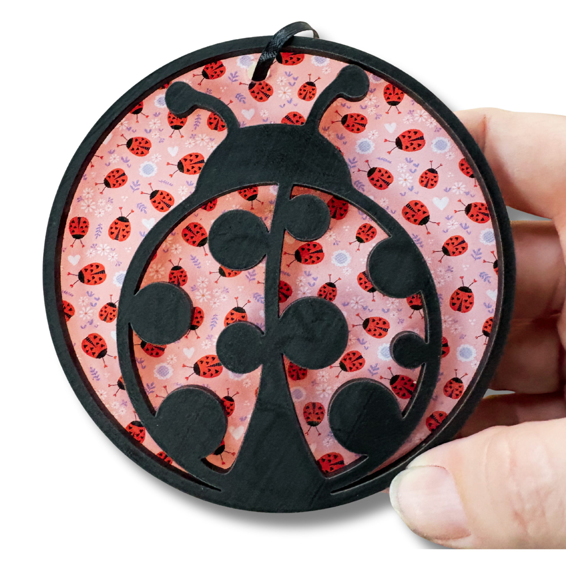 Wood and acrylic ladybug medal ornament, 3.75 inches round with layered design, ideal for garden decor or spring nature display.