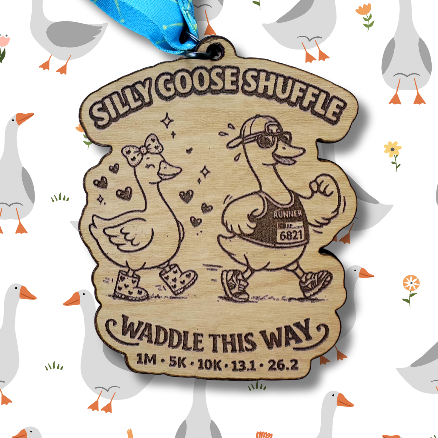 Silver Silly Goose Shuffle Virtual Race medal by virtualrunevent featuring a playful goose design and colorful ribbon.