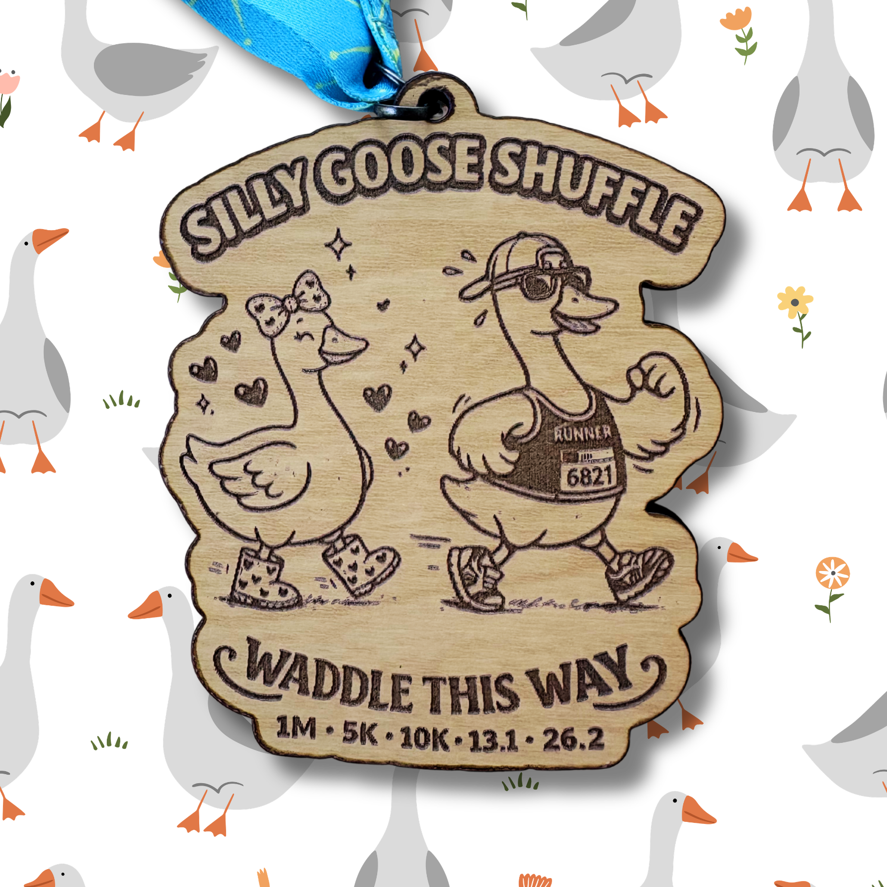 Silver Silly Goose Shuffle Virtual Race medal by virtualrunevent featuring a playful goose design and colorful ribbon.