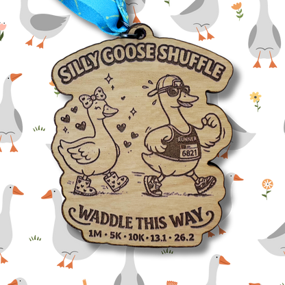 Silver Silly Goose Shuffle Virtual Race medal by virtualrunevent featuring a playful goose design and colorful ribbon.