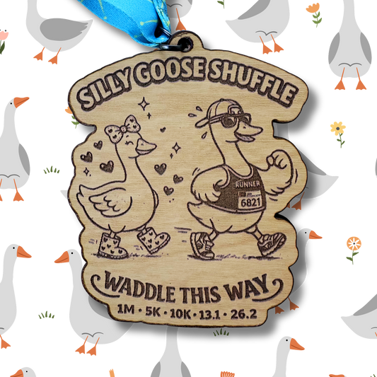 Silver Silly Goose Shuffle Virtual Race medal by virtualrunevent featuring a playful goose design and colorful ribbon.