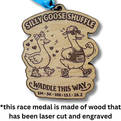Silver medal for the Silly Goose Shuffle Virtual Race by virtualrunevent, featuring a playful goose design on the front.