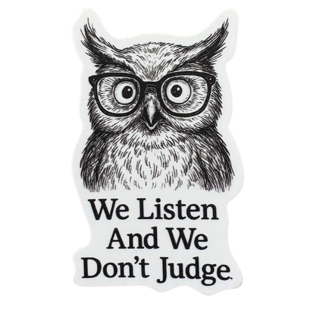STICKER - We Listen and We Don't Judge - Owl - virtualrunevent