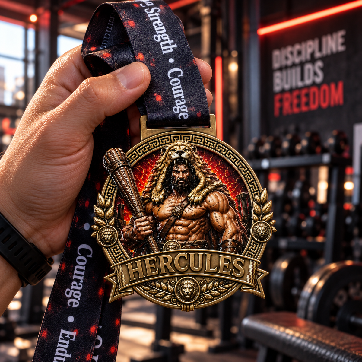 Greek mythology-themed Hercules Virtual Race medal with intricate design, awarded for 5K, 10K, half marathon, and marathon events.