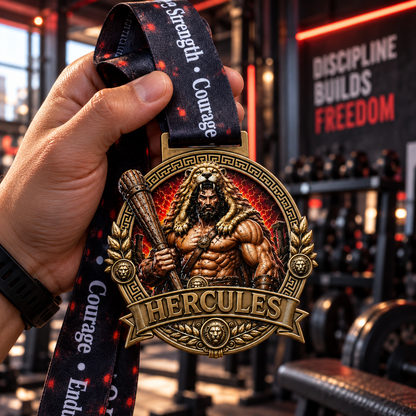 Greek mythology-themed Hercules Virtual Race medal with intricate design, awarded for 5K, 10K, half marathon, and marathon events.