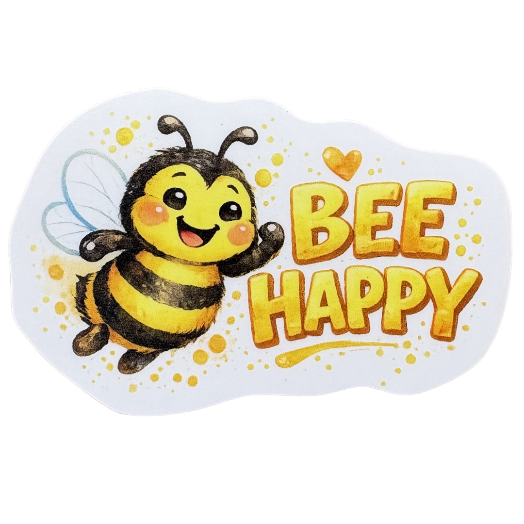 Virtualrunevent Bee Happy medal sticker featuring a colorful bee design on a round medal shape.