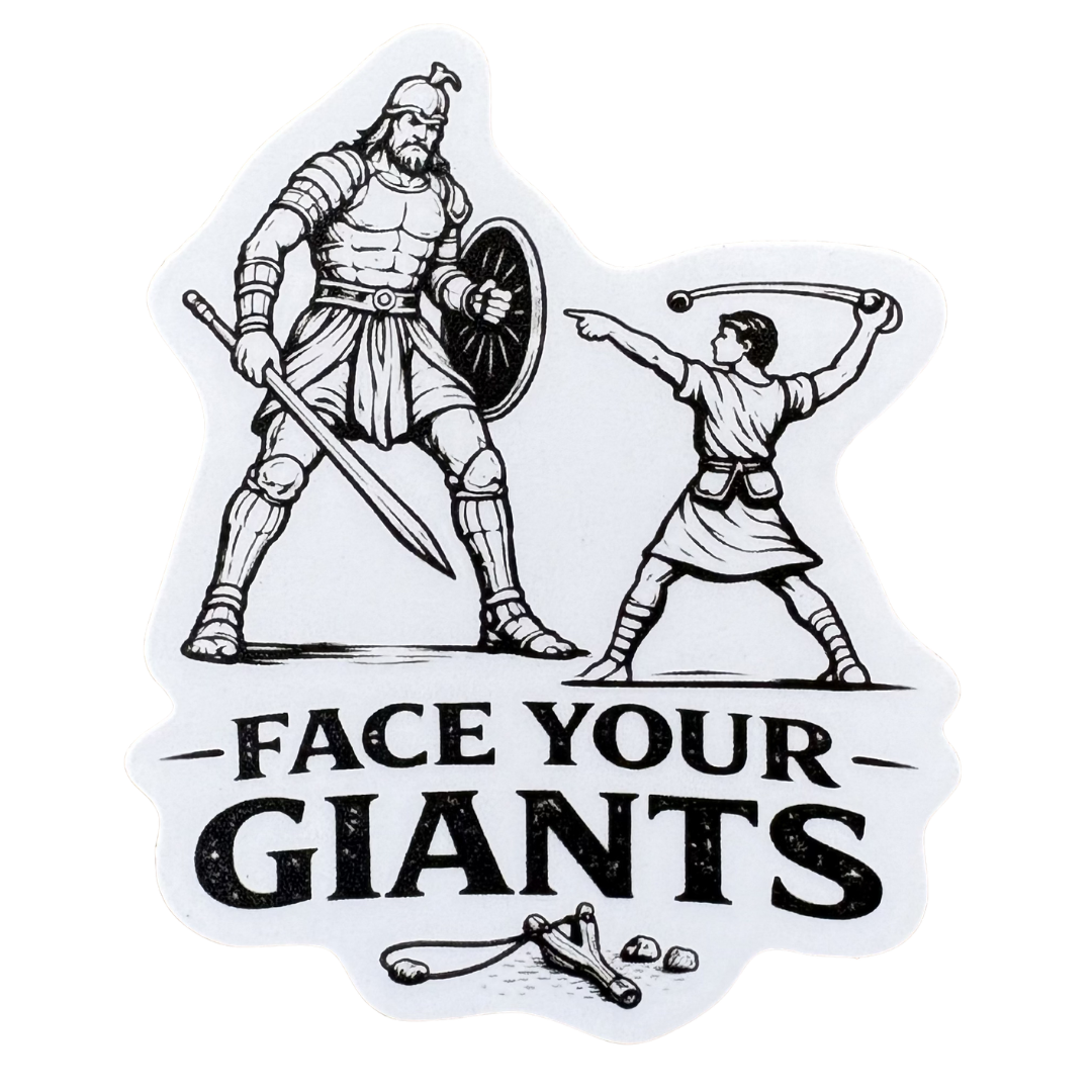 Virtualrunevent Face Your Giants medal sticker with bold text and colorful design on a white background.