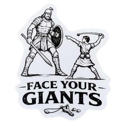 Virtualrunevent Face Your Giants medal sticker with bold text and colorful design on a white background.