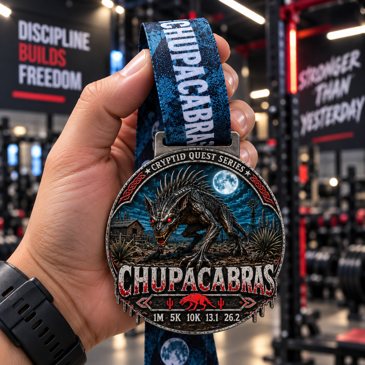 Chupacabras Virtual Race 2026 medal featuring cryptid creature, 1M, 5K, 10K, half and full marathon distances in the Cryptid Quest Series.