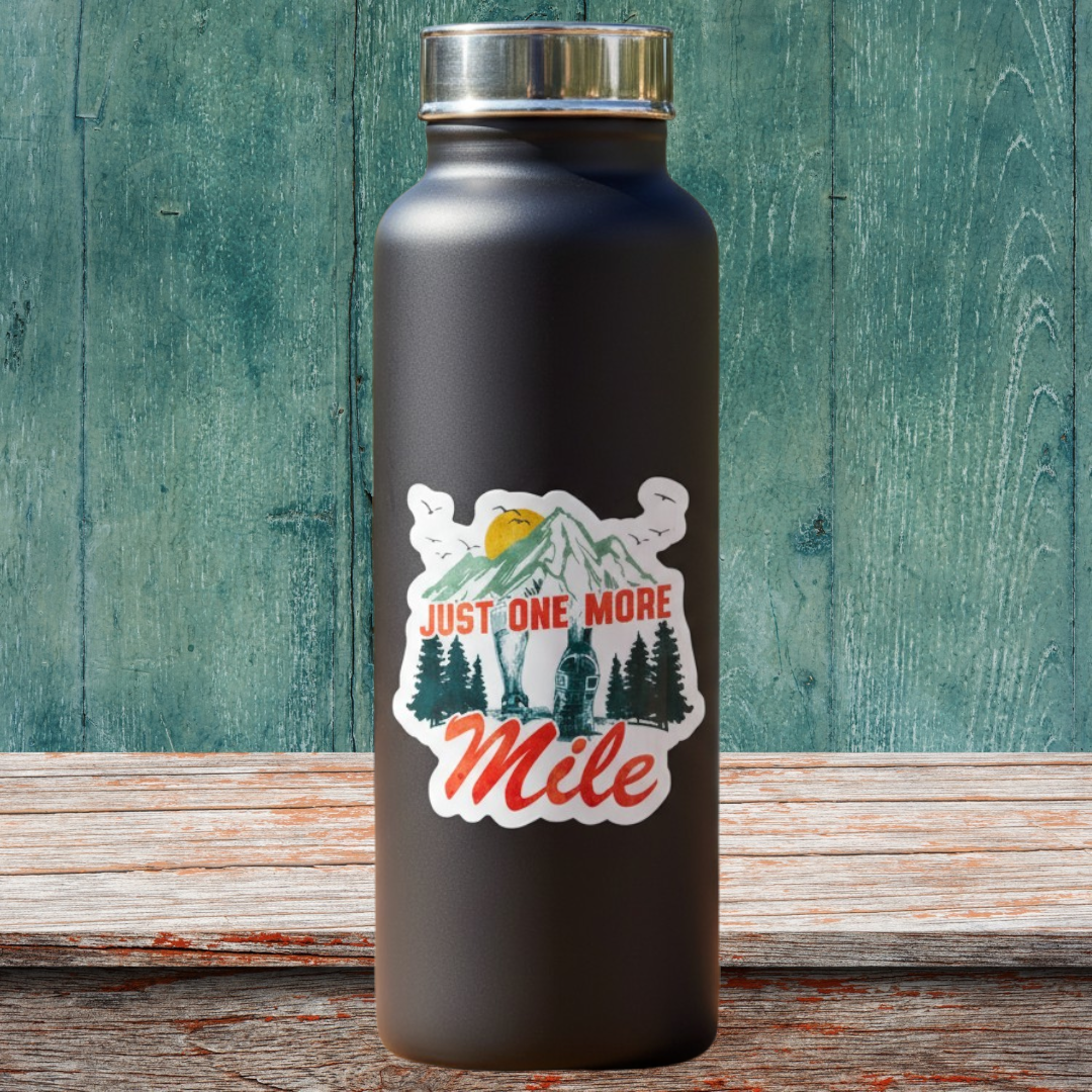 Virtualrunevent sticker featuring the phrase "Just One More Mile" in bold lettering, perfect for decorating notebooks or laptops.