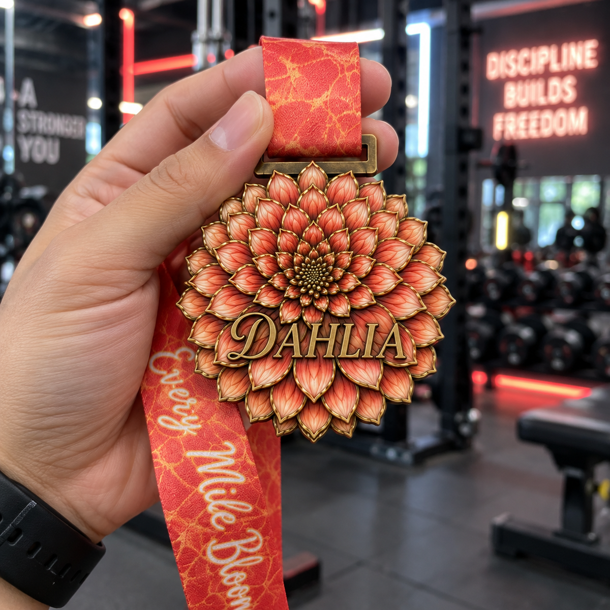 Colorful floral-themed medal for Dahlia Virtual Race 5K, 10K, Half Marathon, and Marathon by virtualrunevent.