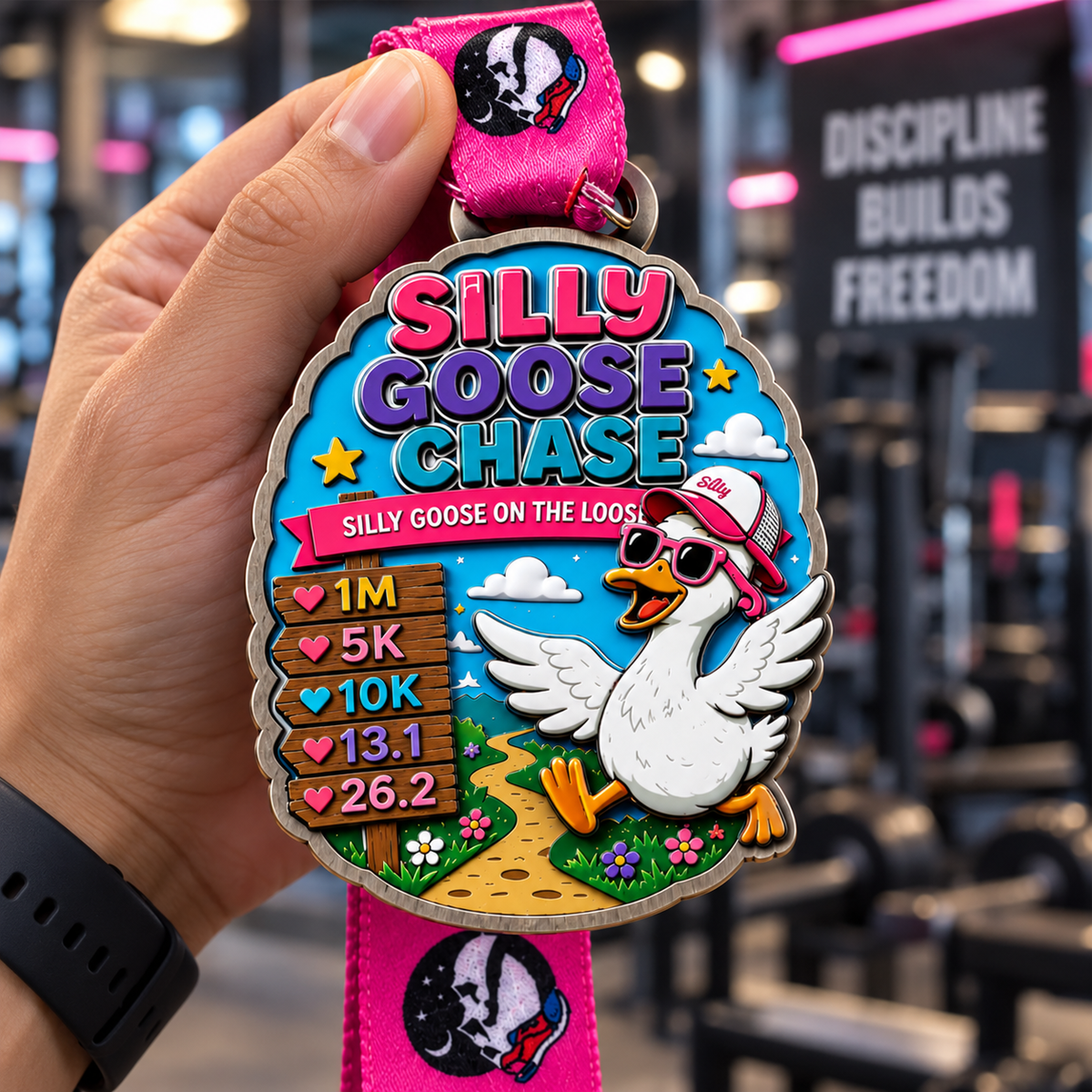 Silver Silly Goose Chase virtual race medal with engraved goose and distance details for 1M, 5K, 10K, half and full marathons.