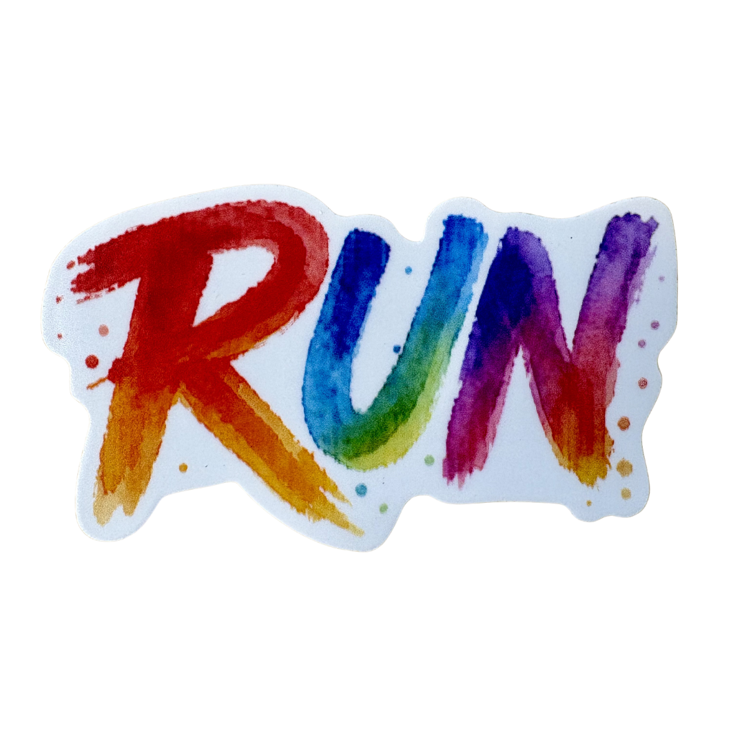 Colorful "RUN" medal sticker from Virtual Run Event, featuring vibrant design and bold lettering for runners and event participants.