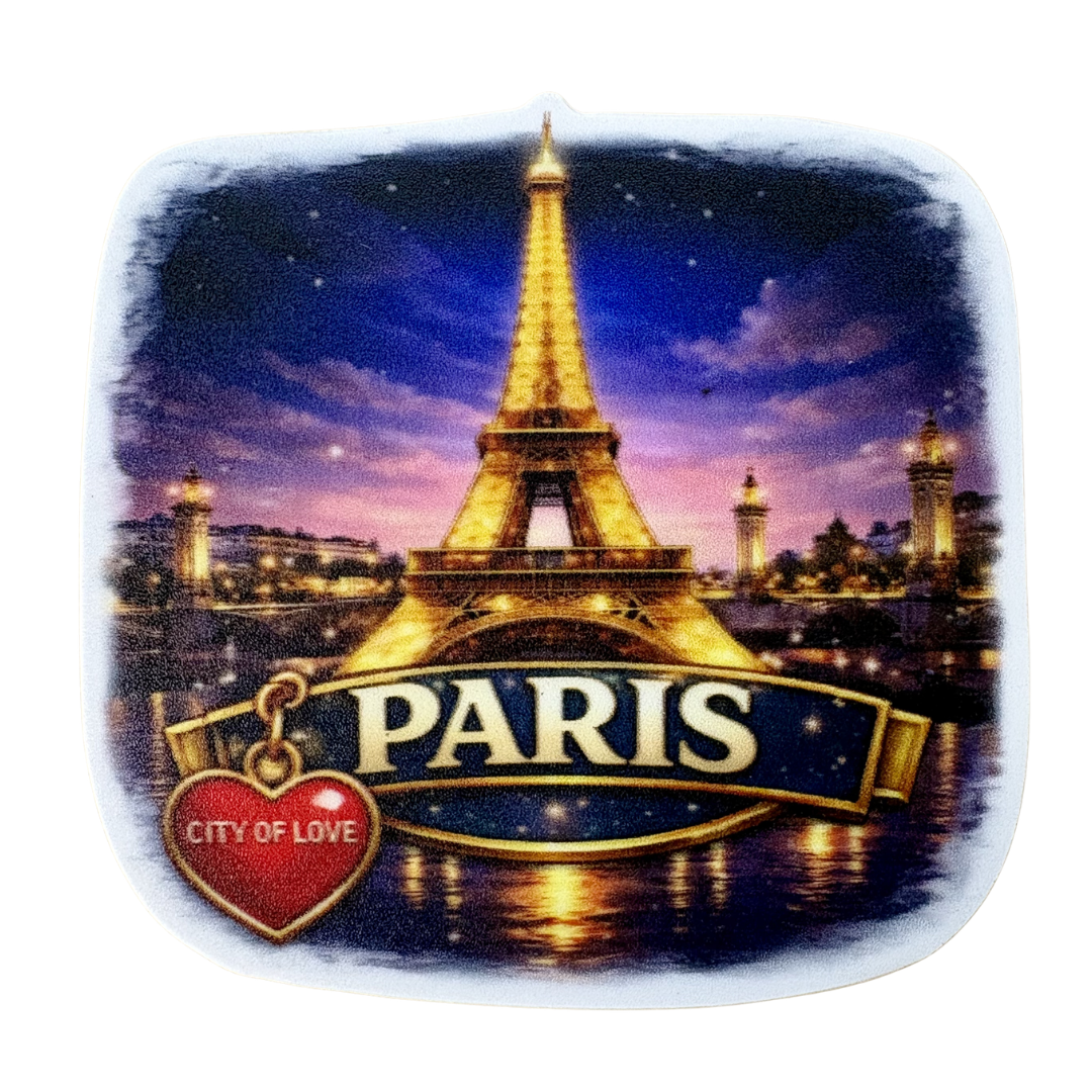 VirtualRuneEvent Paris City of Love medal sticker featuring a heart and iconic Paris landmarks in vibrant colors.