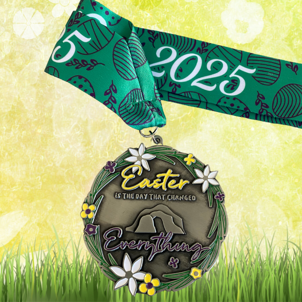 Virtualrunevent 2025 Easter Hop medal in gold with colorful Easter egg design for 1M, 5K, 10K, 13.1, and 26.2 races.