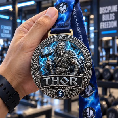 Norse mythology Thor Virtual Race medal with Thor's hammer design for 5K, 10K, half marathon, and marathon events.
