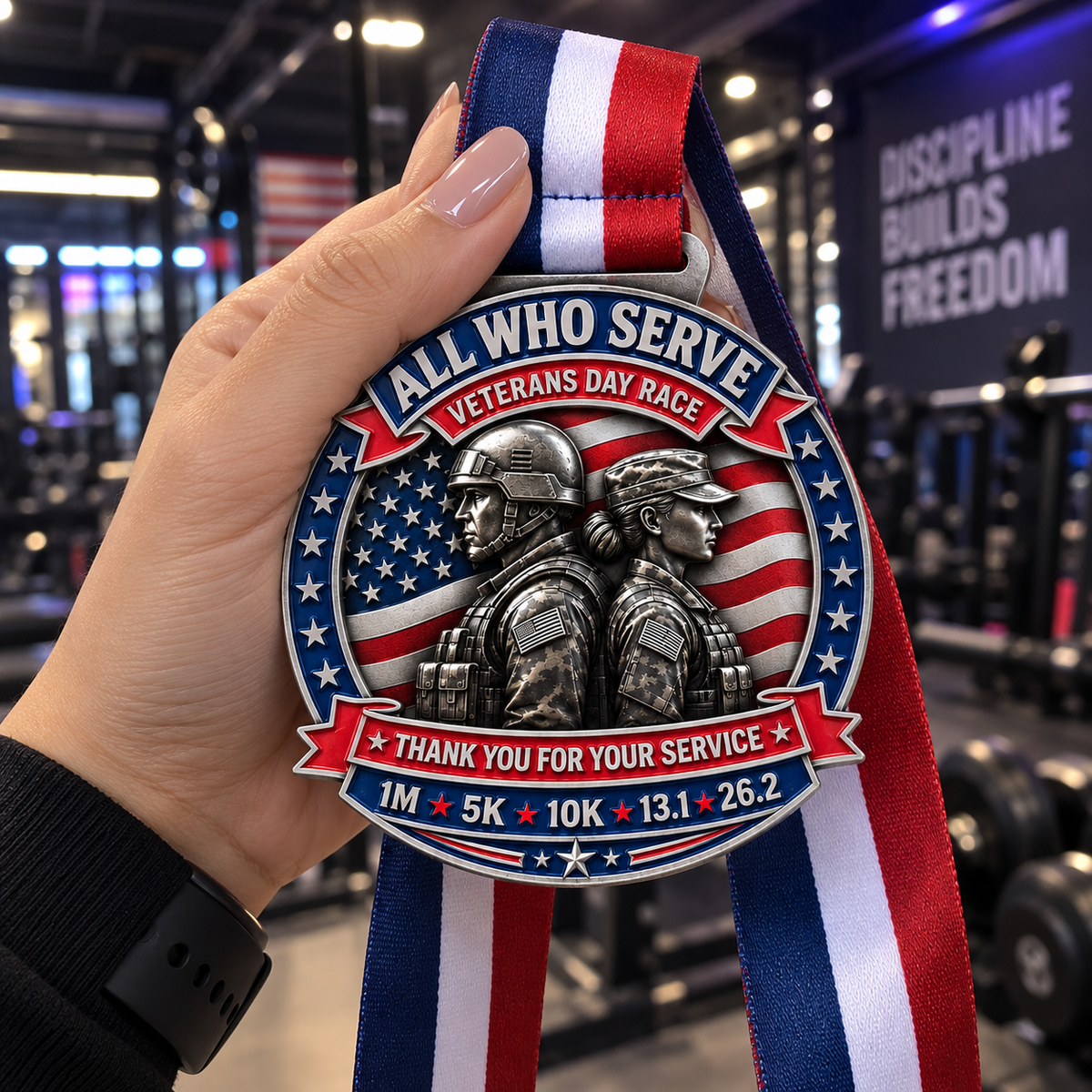 Veterans Day Virtual Race 2026 medal from virtualrunevent, featuring a patriotic design for 1M, 5K, 10K, half marathon, and marathon.