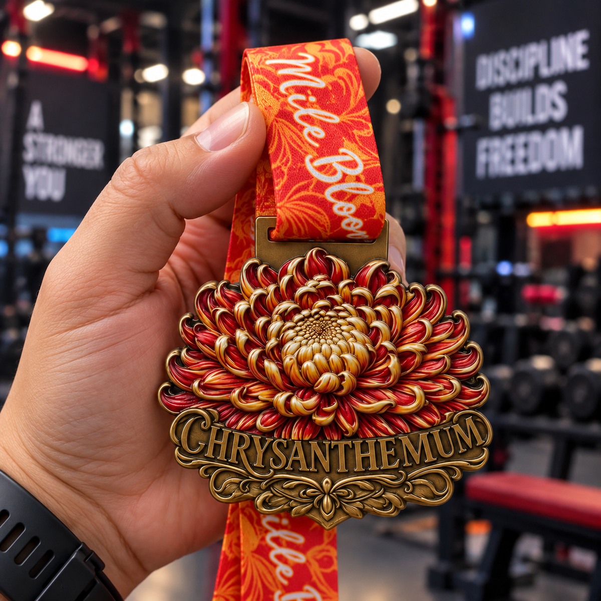 Chrysanthemum Virtual Race medal featuring a vibrant flower design for 5K, 10K, Half Marathon, and Marathon challenges by virtualrunevent