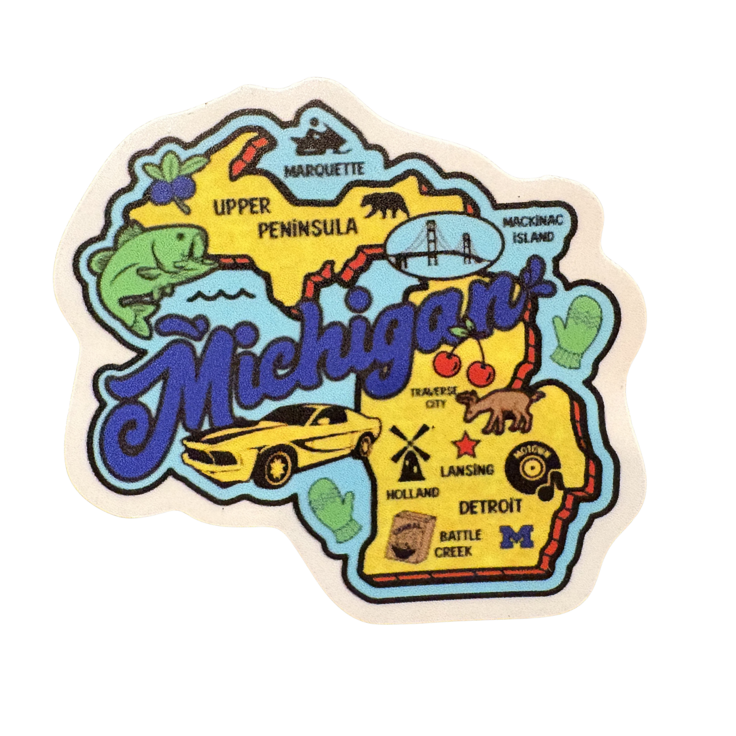 Michigan medal sticker featuring the state shape with "Michigan" text, ideal for decorating or memorabilia.