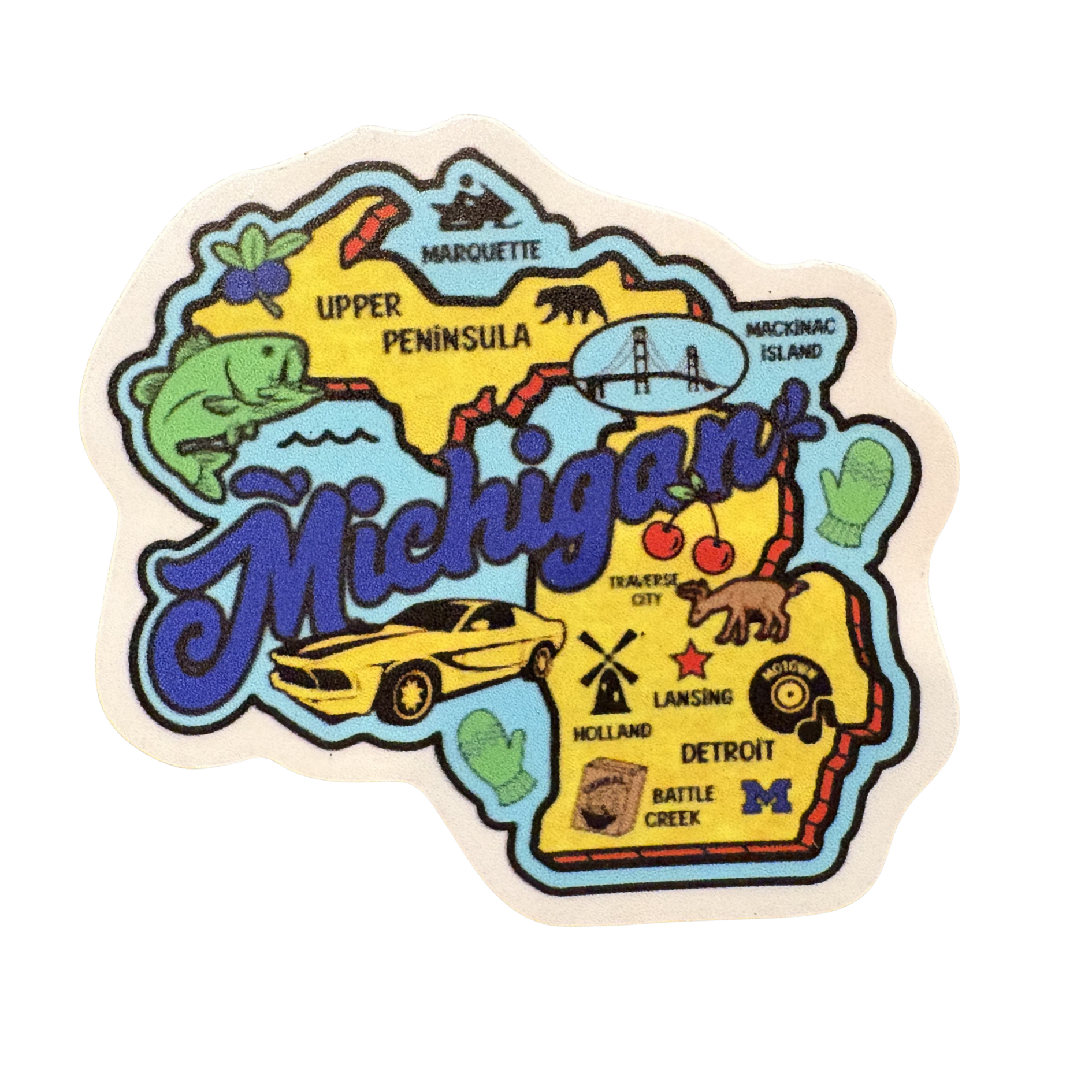 Michigan medal sticker featuring the state shape with "Michigan" text, ideal for decorating or memorabilia.