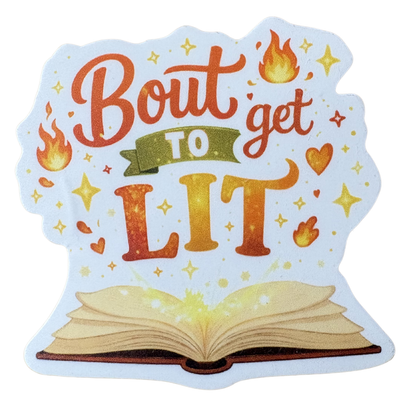 Two virtualrunevent "Bout to Get Lit" sticker designs with bold text and colorful backgrounds on a white surface.