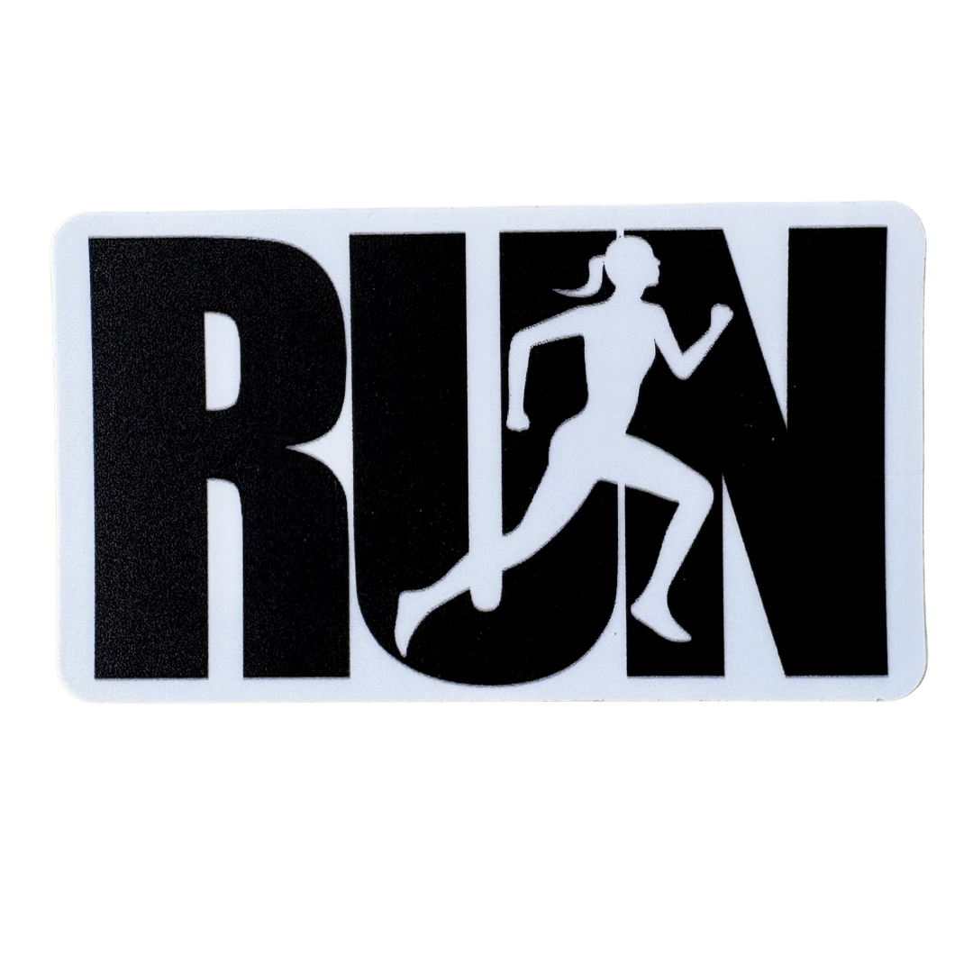 Black and white VirtualRunEvent "RUN" medal sticker featuring a sleek design, perfect for decorating medals or running gear.