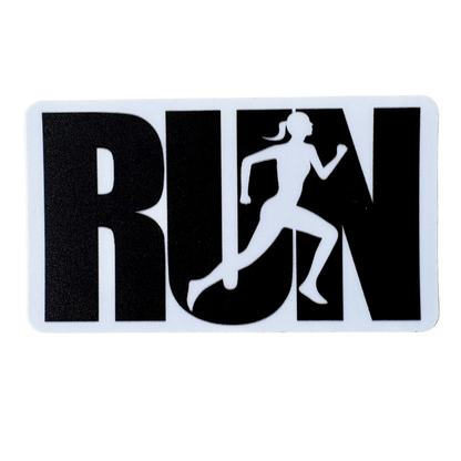 Black and white VirtualRunEvent "RUN" medal sticker featuring a sleek design, perfect for decorating medals or running gear.