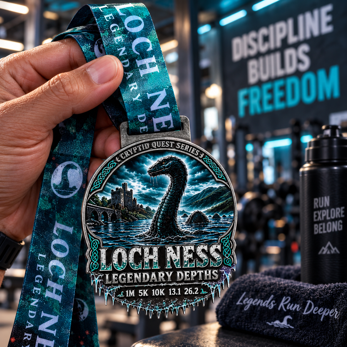 Loch Ness Legendary Depths Virtual Race medal from Cryptid Quest Series, featuring detailed Nessie design and race distance inscriptions.