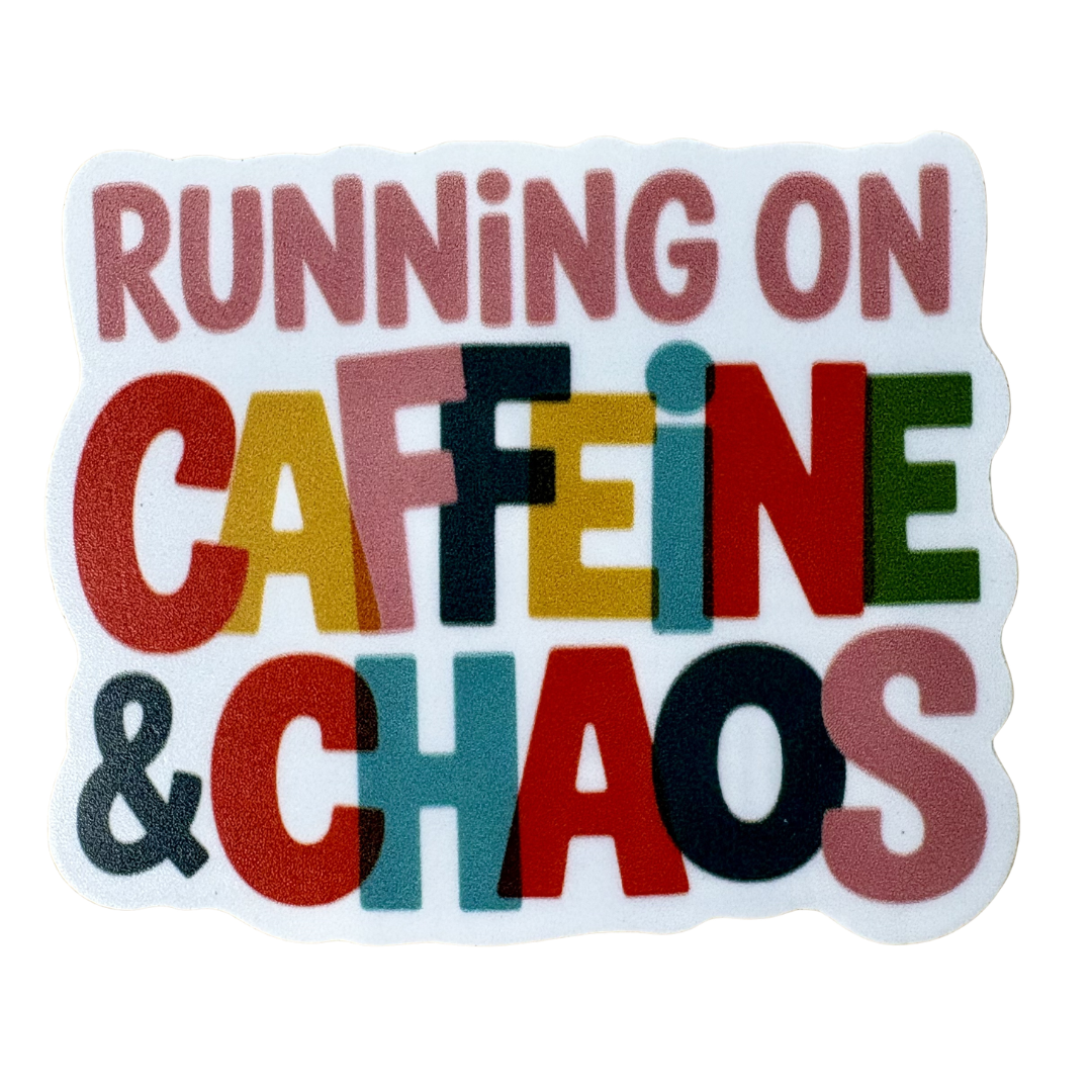 Medal sticker from virtualrunevent with "Running on Caffeine and Chaos" design, featuring bold text and energetic graphics.
