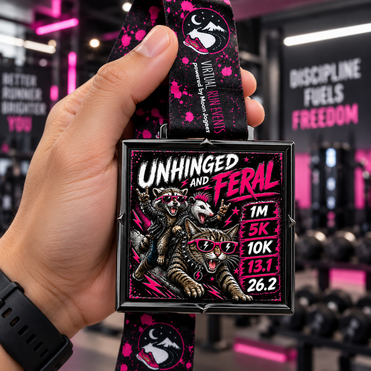 Raccoon-themed medal for Unhinged and Feral Virtual Race, featuring race distances 1M, 5K, 10K, half marathon, and marathon.