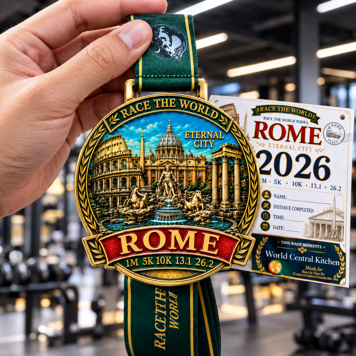 Medal from Virtual Run Event's Rome Virtual Race 5K, 10K, Half Marathon, and Marathon travel challenge by virtualrunevent.