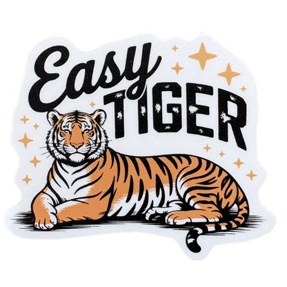 Easy Tiger medal sticker from VirtualRunEvent featuring a bold tiger design on a circular badge.