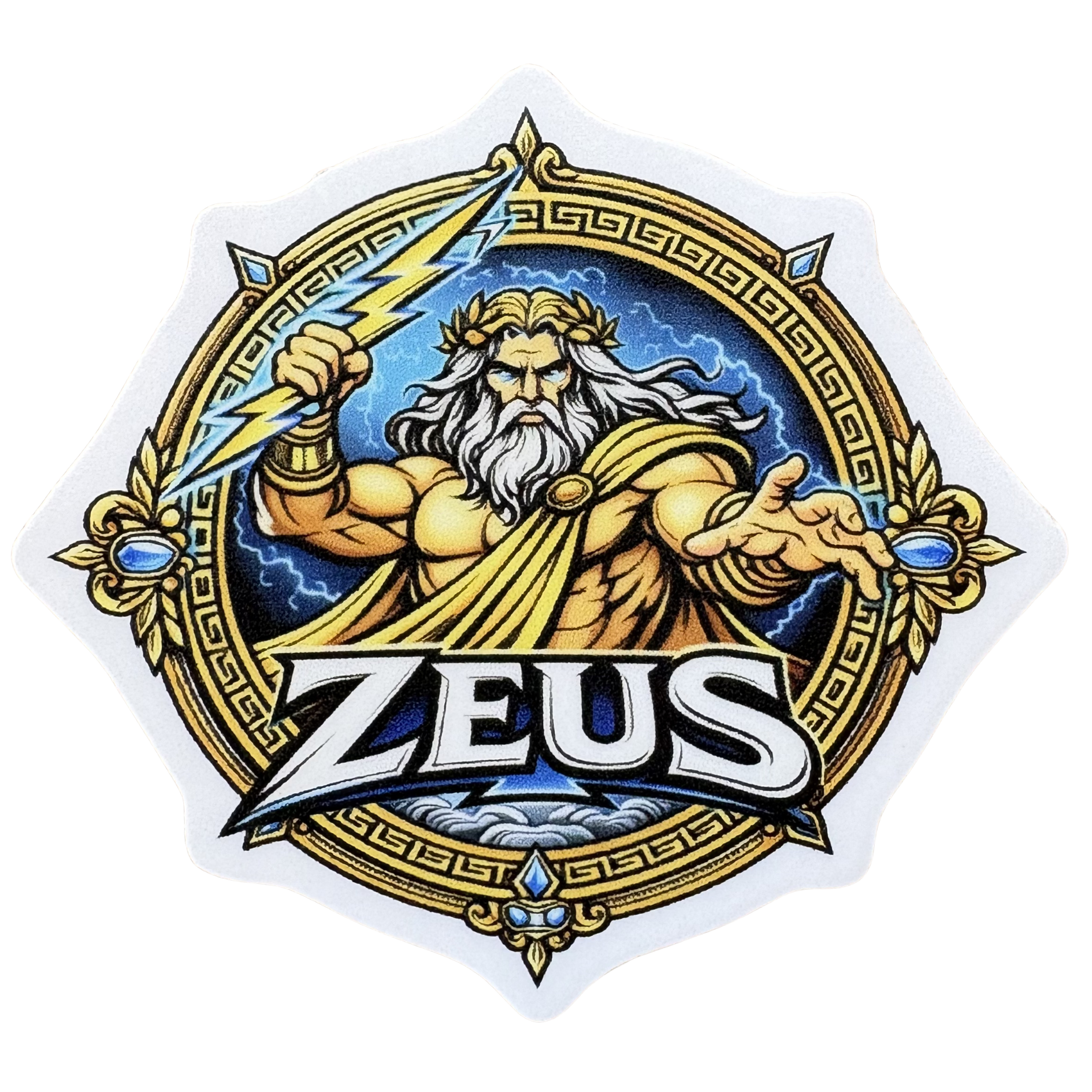 VirtualRuneEvent Zeus medal sticker featuring a detailed Zeus design on a circular metal badge.