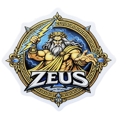 VirtualRuneEvent Zeus medal sticker featuring a detailed Zeus design on a circular metal badge.