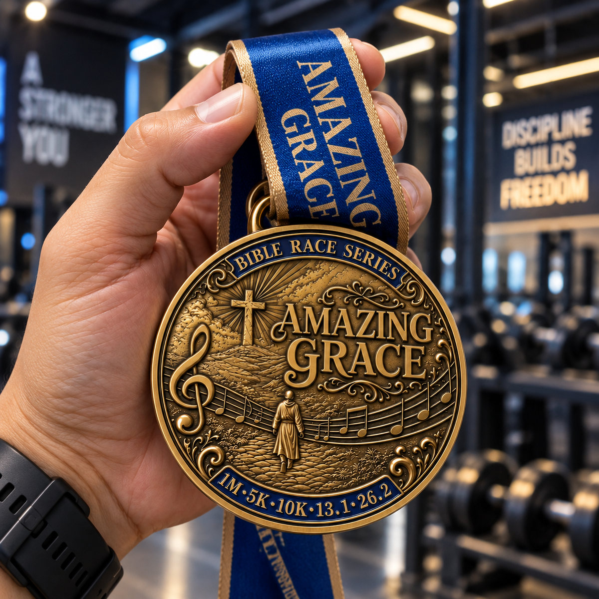 Silver Christian 5K marathon medal with Amazing Grace Virtual Race logo and intricate design, awarded for participation in virtual running events.