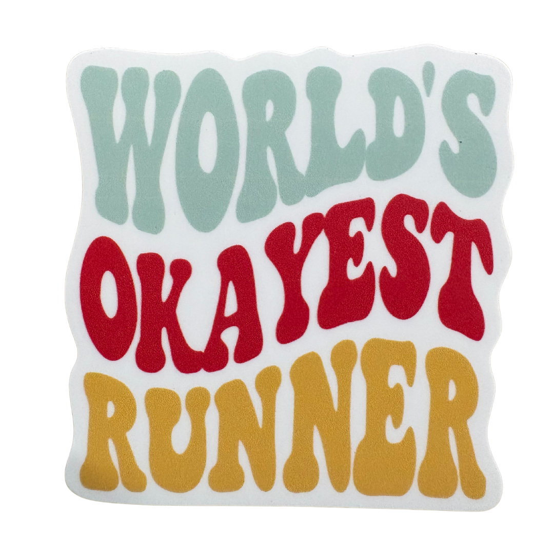 Two virtualrunevent World’s Okayest Runner stickers featuring humorous text and colorful designs on a white background.