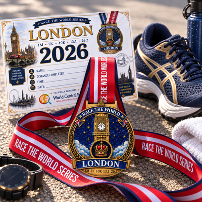 Virtualrunevent London Virtual Race medal for 5K, 10K, Half Marathon, and Marathon travel challenge with a running shoe image.