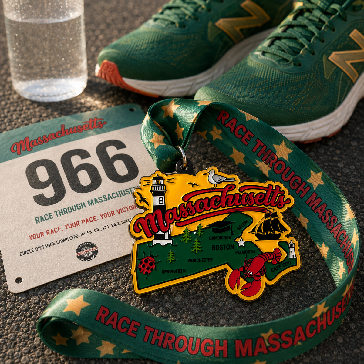 Virtualrunevent Massachusetts race medal and bib, featuring a running shoe design for 1M, 5K, 10K, half, and full marathons.