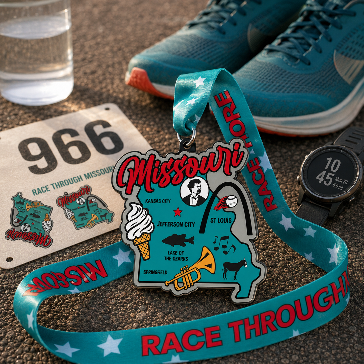Virtualrunevent Missouri Race medal for 5K, 10K, half marathon, and 50-mile challenge, featuring a colorful running shoe design.