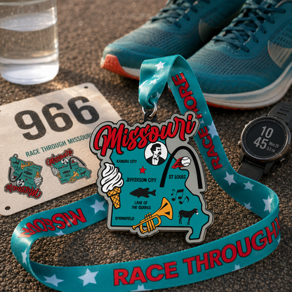 Virtualrunevent Missouri Race medal for 5K, 10K, half marathon, and 50-mile challenge, featuring a colorful running shoe design.