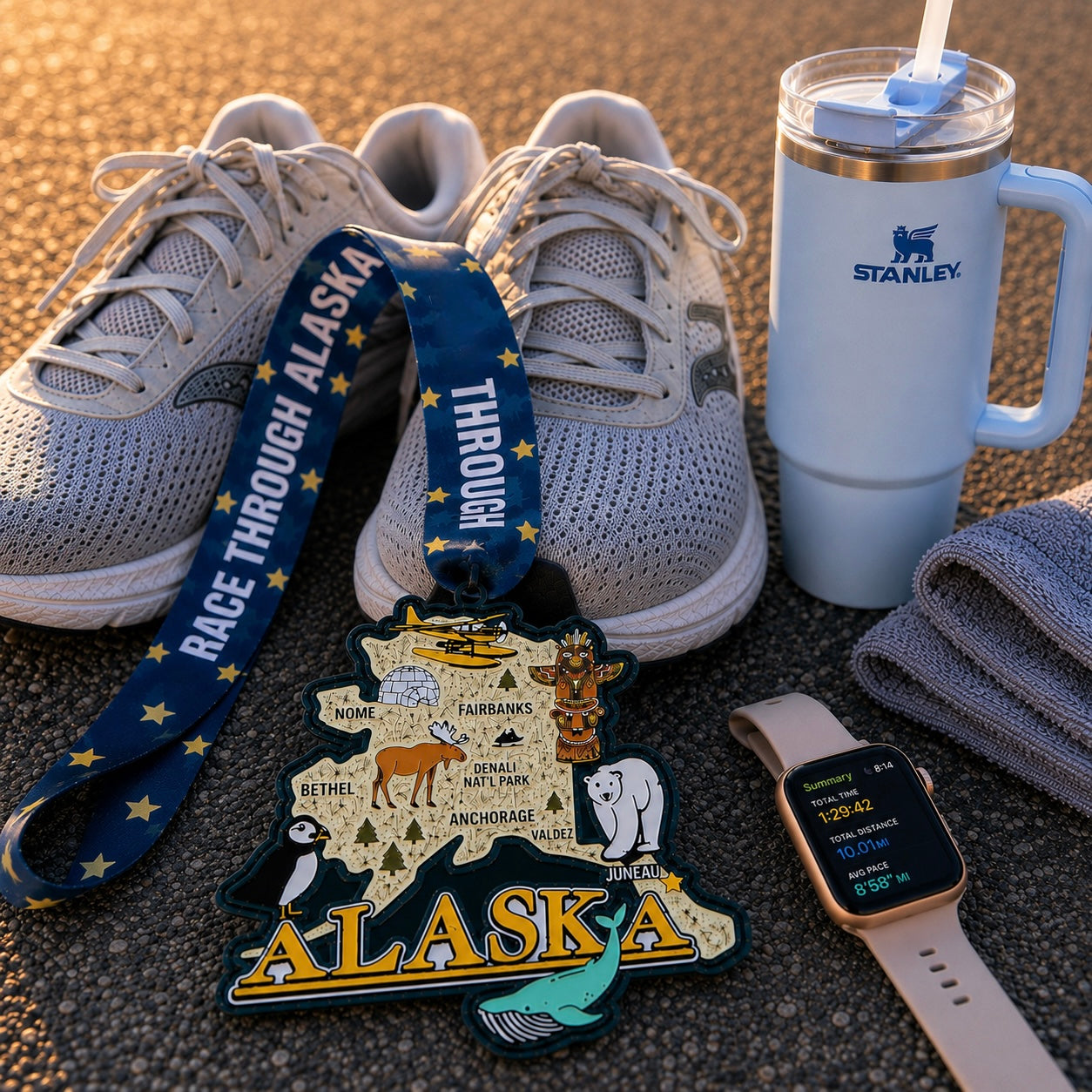 Alaska running medal featuring a design inspired by the Race Through Alaska virtual race, with running shoes in the background.