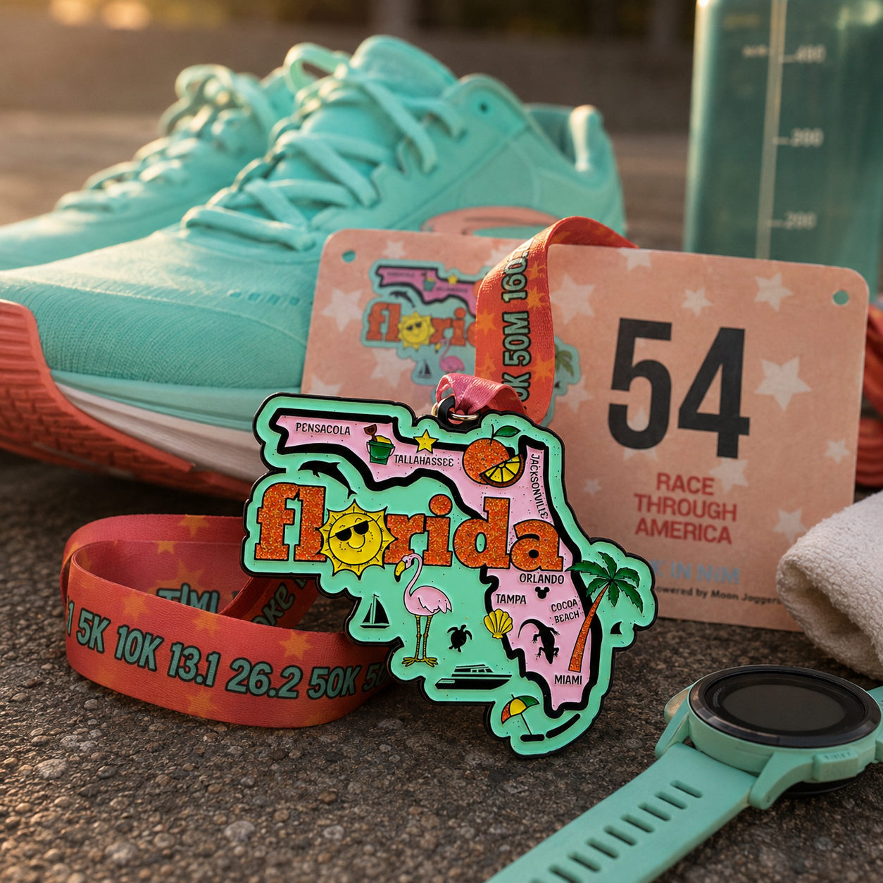 Virtualrunevent Florida race medal and bib, featuring a colorful design, alongside a pair of running shoes.