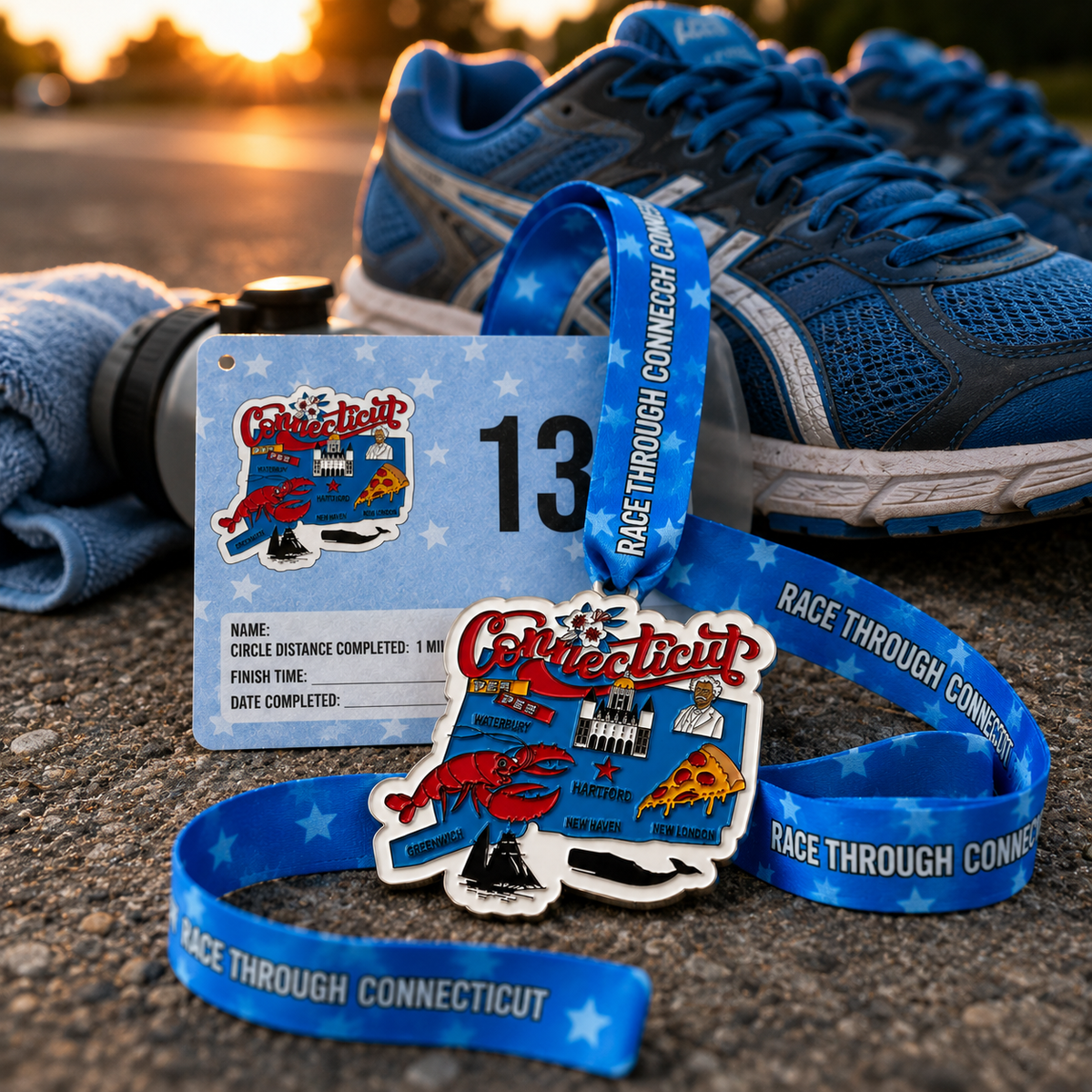 Medal for the Race Through Connecticut Virtual Race by virtualrunevent, featuring a running shoe design and event branding.