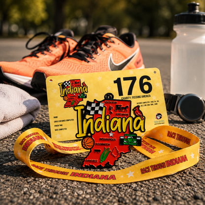 Virtualrunevent race medal for Indiana 5K, 10K, half marathon, and 50 mile challenge, featuring a colorful running shoe design.