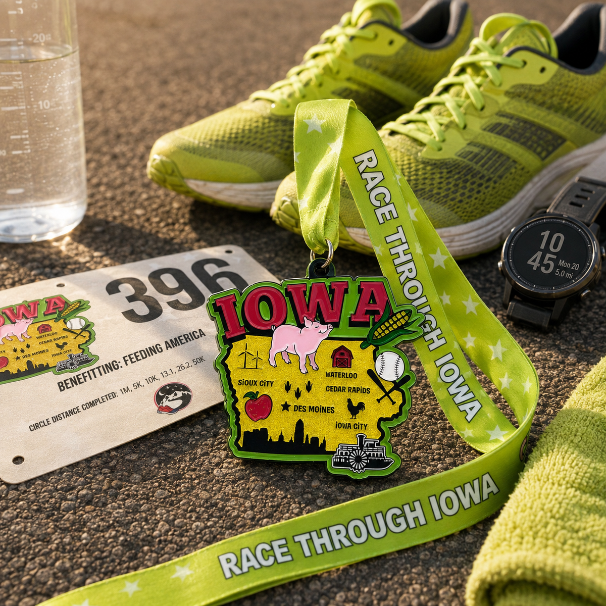 Virtualrunevent Race Through Iowa medal featuring running shoes design for 5K, 10K, half marathon, and 50-mile challenges.
