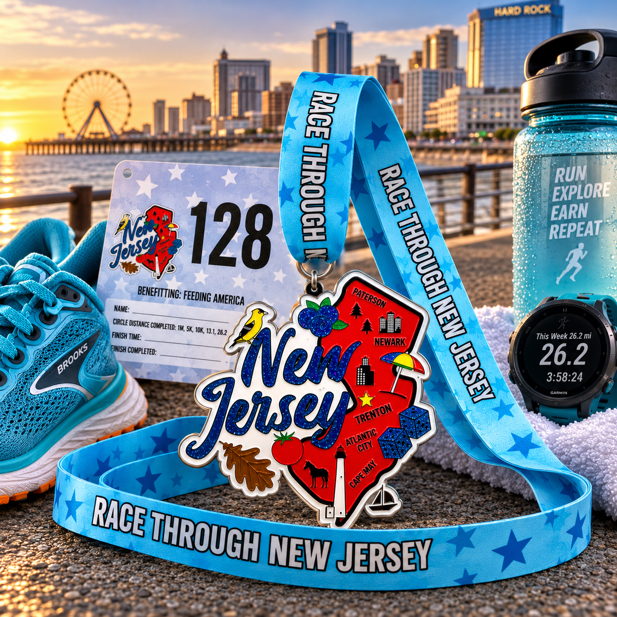 Medal from Virtualrunevent's Race Through New Jersey Virtual Race featuring running shoes and scenic design, 5K to 50 Mile challenge.