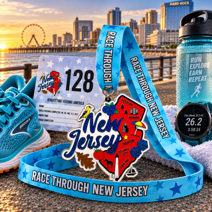 Medal from Virtualrunevent's Race Through New Jersey Virtual Race featuring running shoes and scenic design, 5K to 50 Mile challenge.